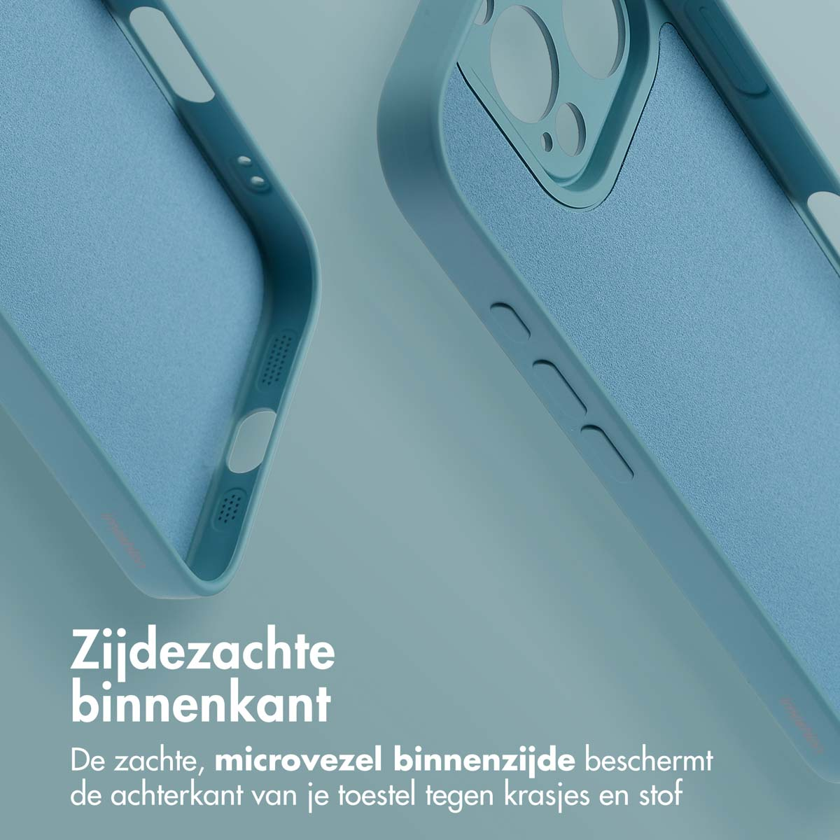 Close-up van een telefoonhoesje dat de binnenkant en een zijkant laat zien. Tekst onderaan.