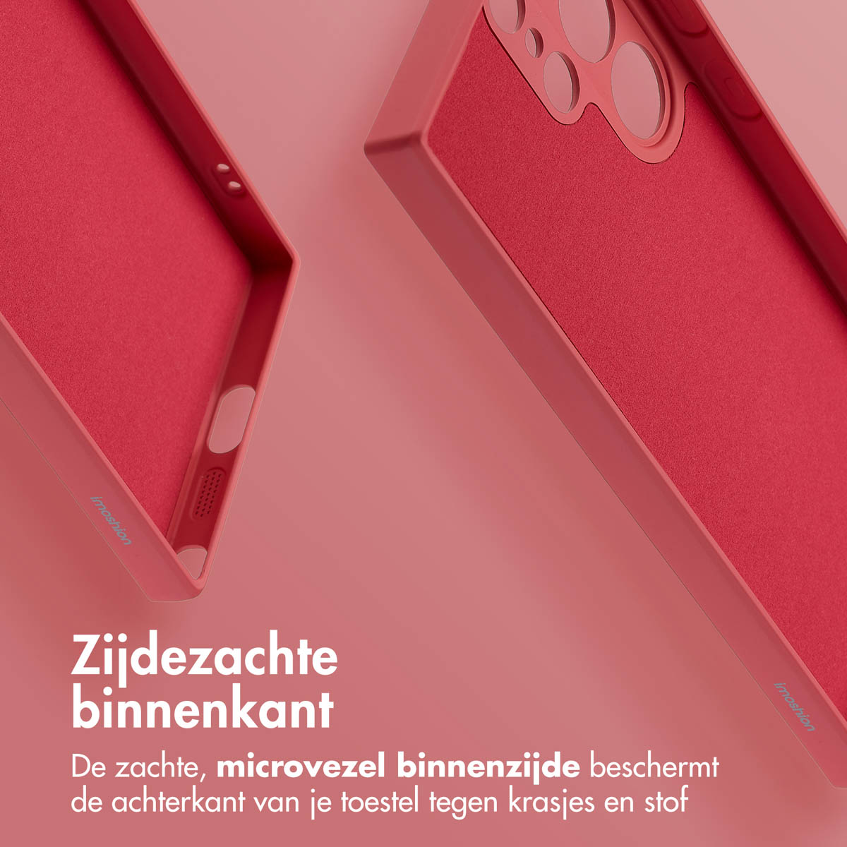 Intérieur de coque de téléphone rose avec intérieur en microfibre douce. Vue rapprochée.