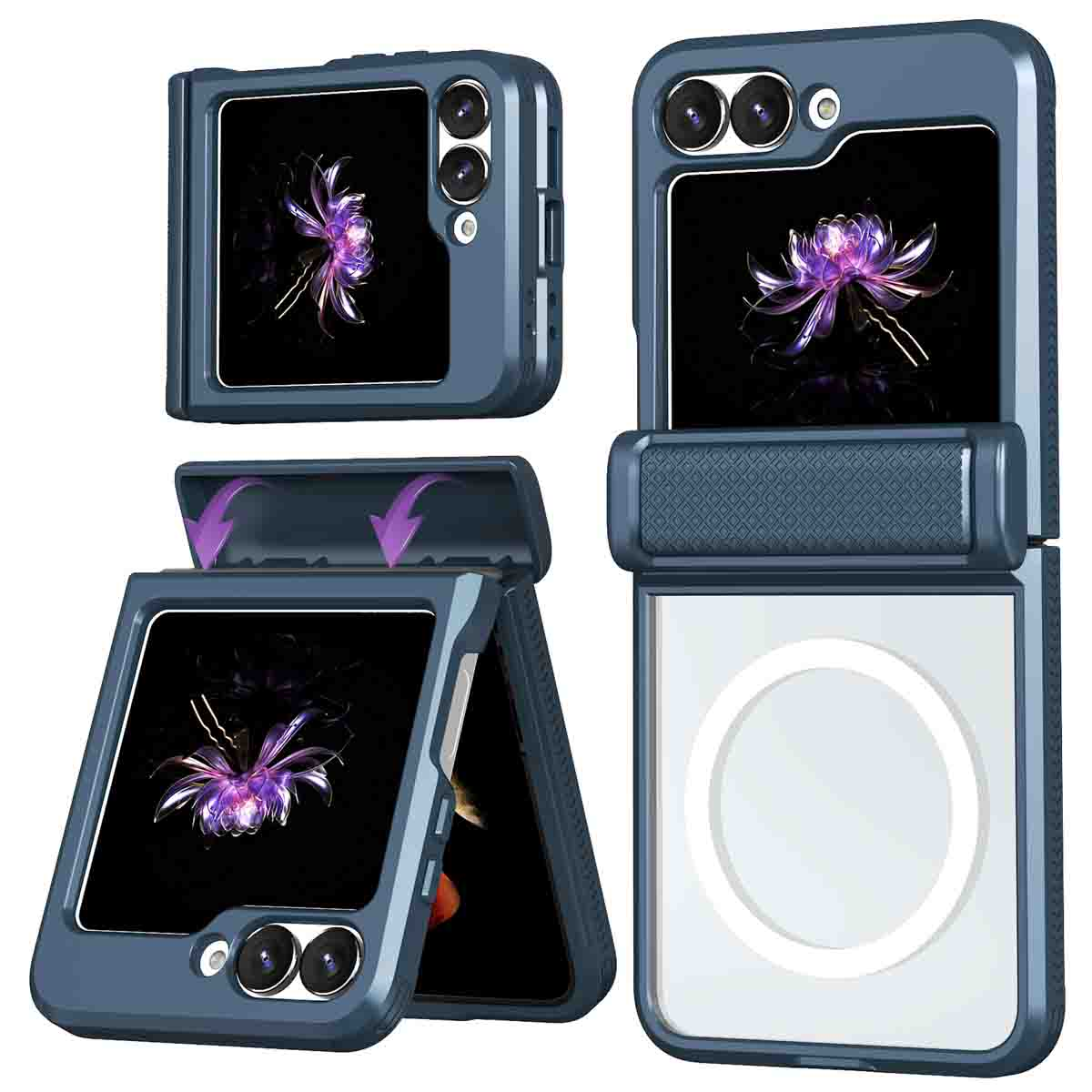 Blauwe telefoonhoes met telefoon erin, toont het ontwerp van de hoes.