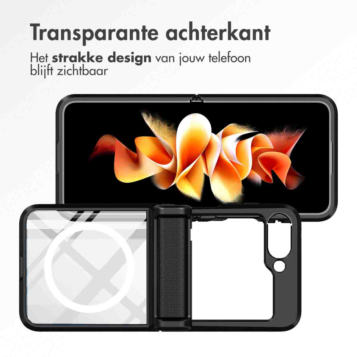 Een doorzichtig telefoonhoesje met een telefoon erin. Het telefoonscherm toont een kleurrijk, abstract ontwerp.