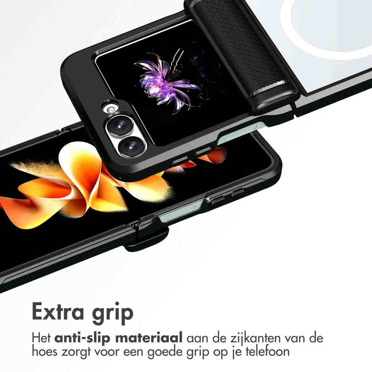 Zwarte telefoonhoes, opengevouwen, met de telefoon erin.