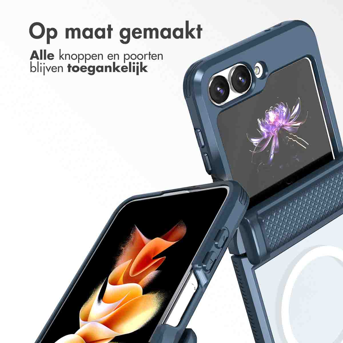Blauwe telefoonhoes met telefoon erin. Telefoon is open, hoes getoond vanuit verschillende hoeken.