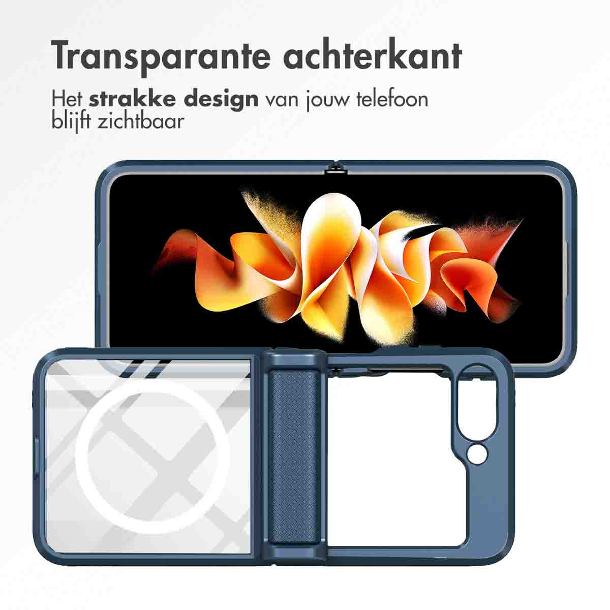 Blauwe telefoonhoes met telefoon op een witte achtergrond. Inclusief een transparante achterkant.