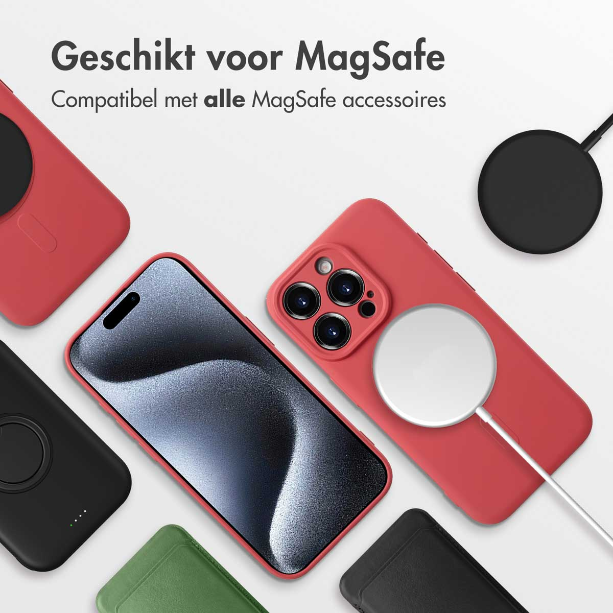 Plusieurs téléphones avec étuis rouges et chargeurs MagSafe blancs, et autres accessoires.
