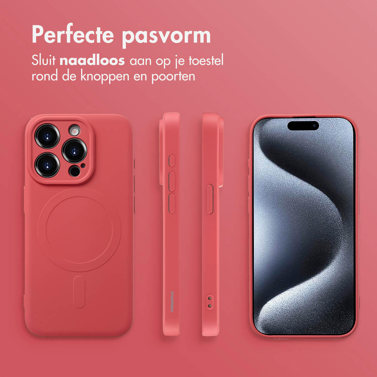 Coque de téléphone rose avec téléphone et deux côtés. Fond rose. Texte en haut.