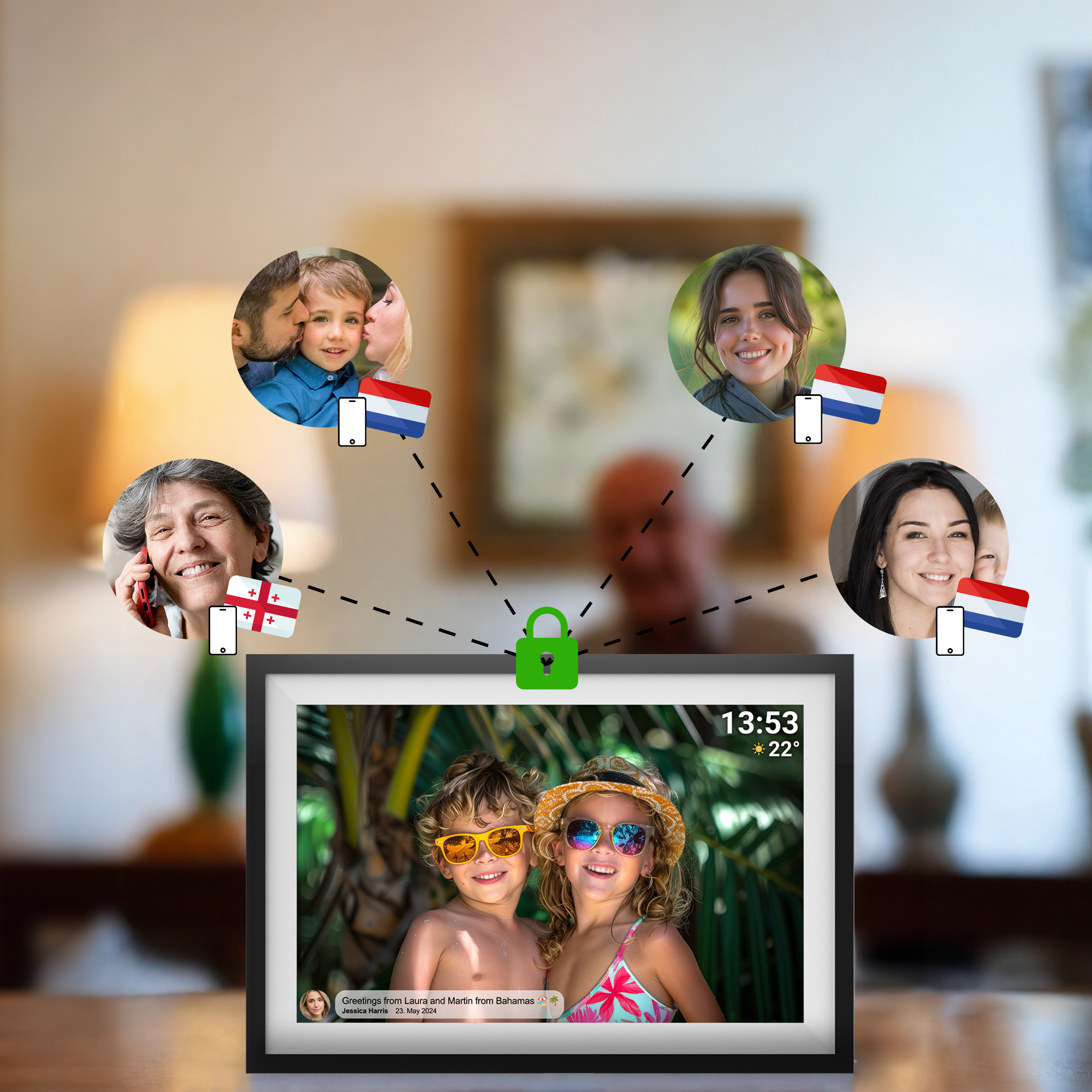 Un cadre photo numérique affichant des photos de personnes. Il y a des lignes de connexion et un cadenas vert.