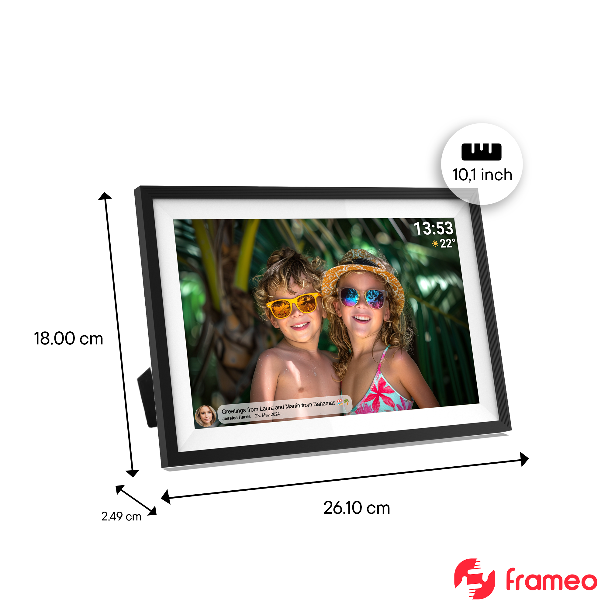Un cadre photo numérique affichant une photo de deux enfants avec une horloge et une date.