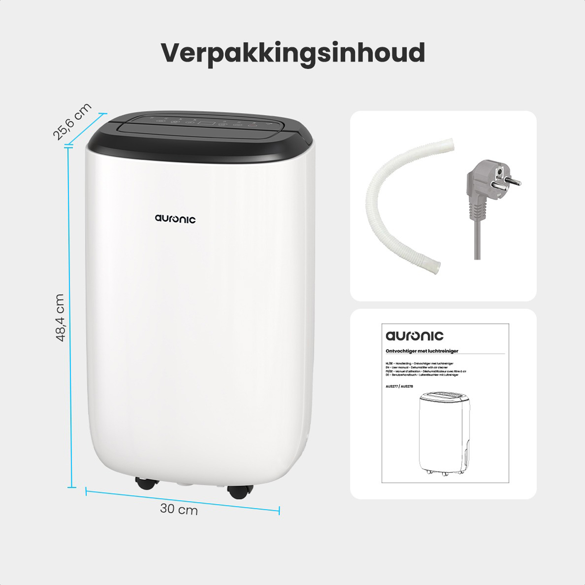 Een witte luchtontvochtiger, naast een buis, een stekker en een handleiding. Afmetingen in cm worden getoond.