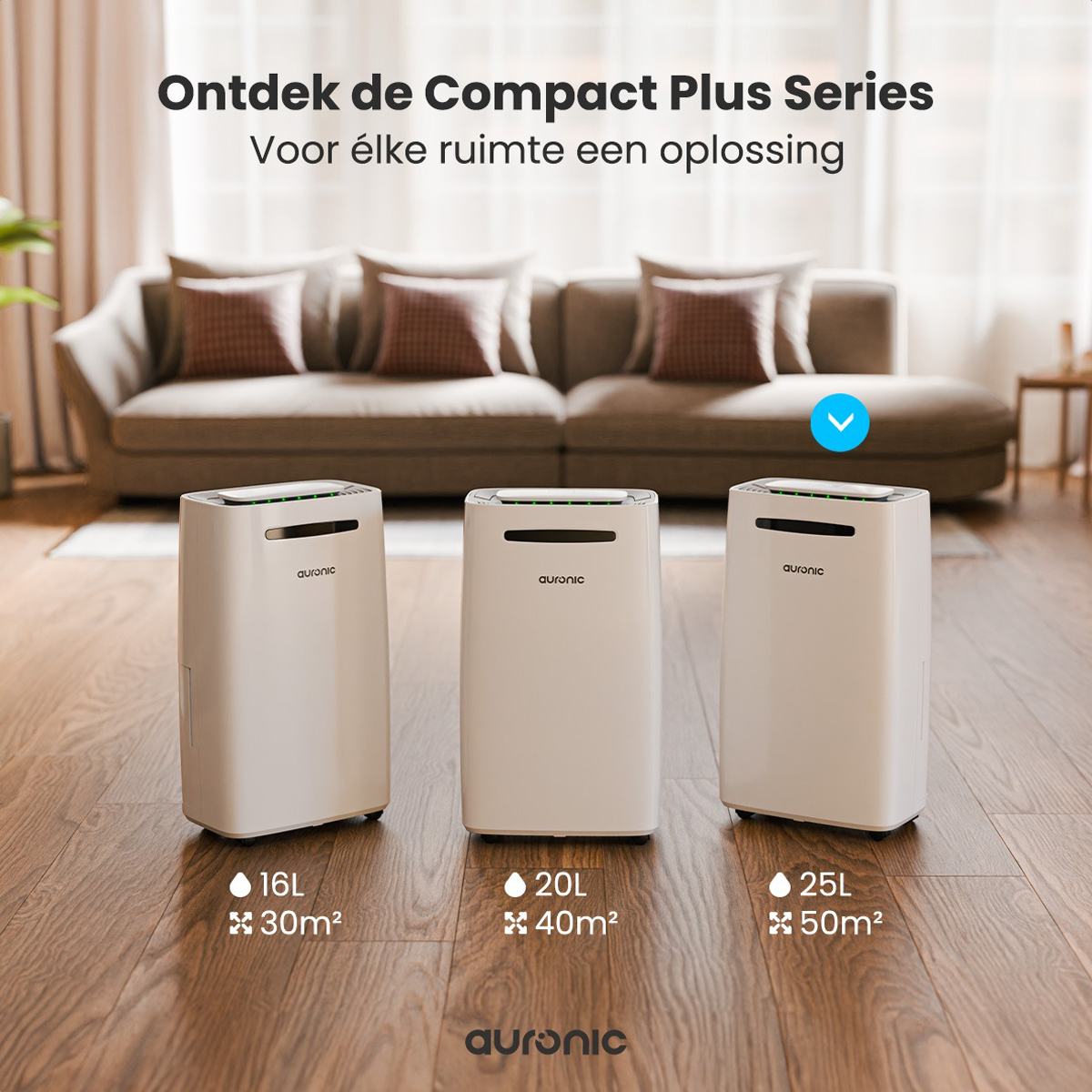 Drie witte luchtreinigers in een woonkamer, met tekst overlay.