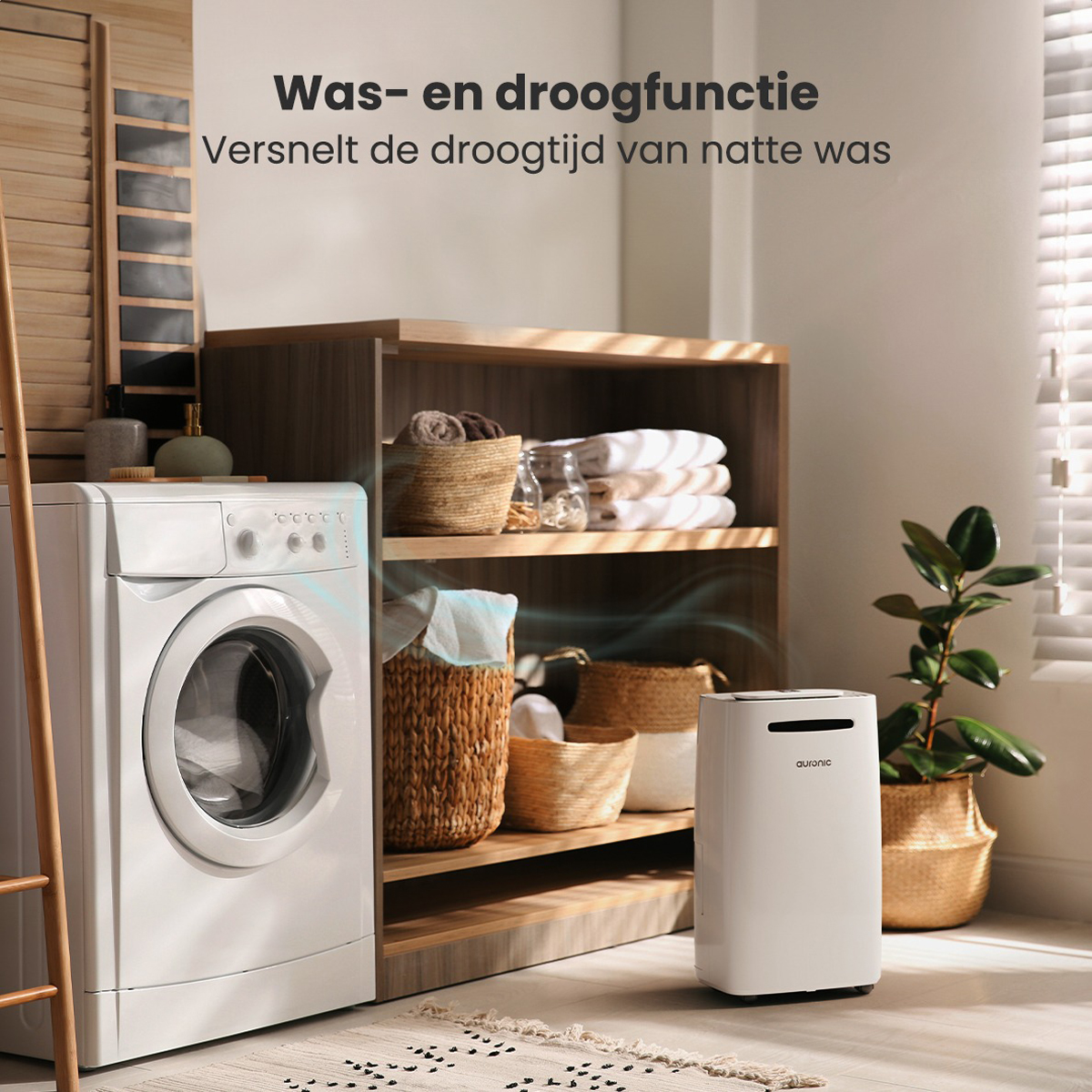 Wasruimte met wasmachine, wasmand en droger. Text: Was- en droogfunctie.