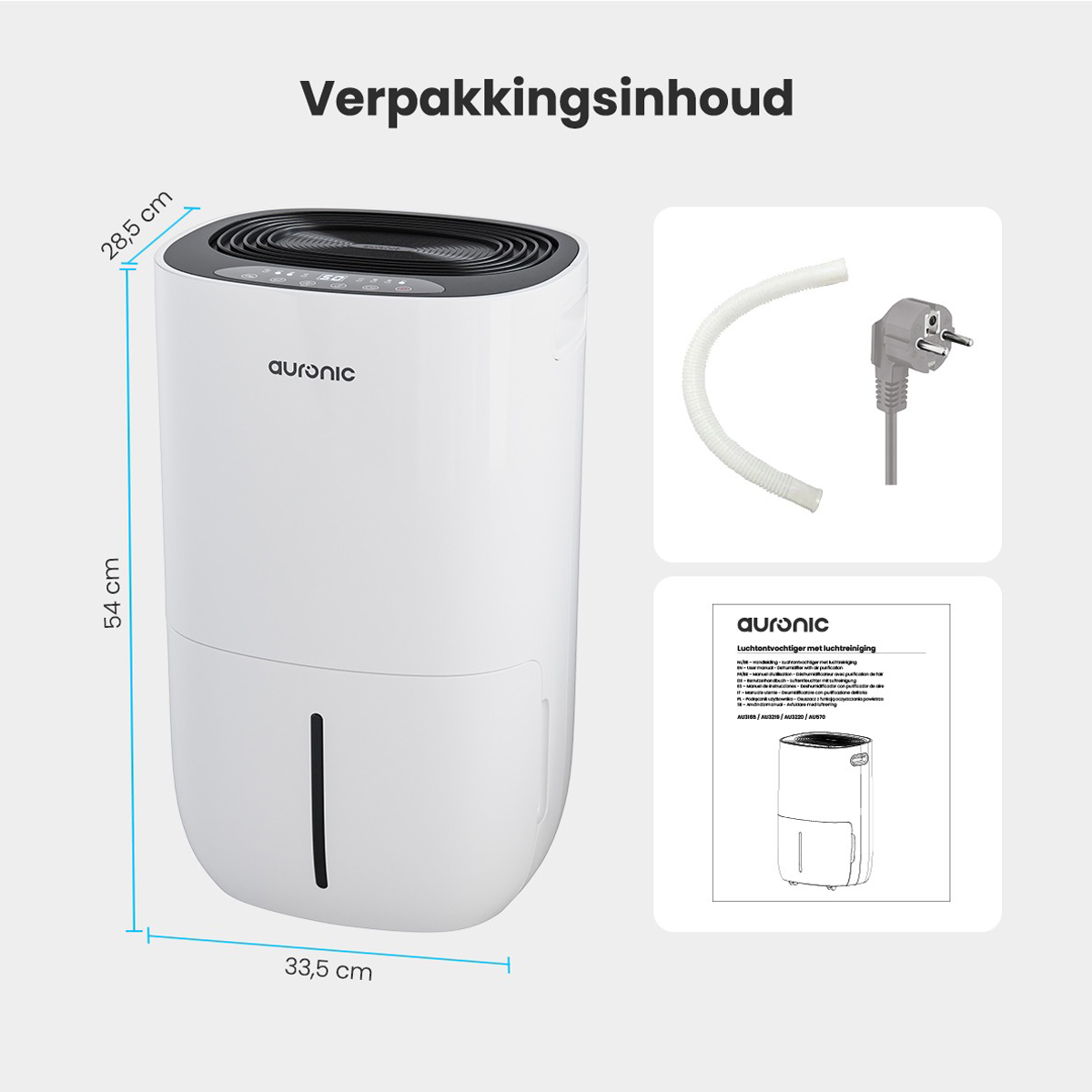 Witte luchtontvochtiger met afmetingen en accessoires zoals buis en stekker.