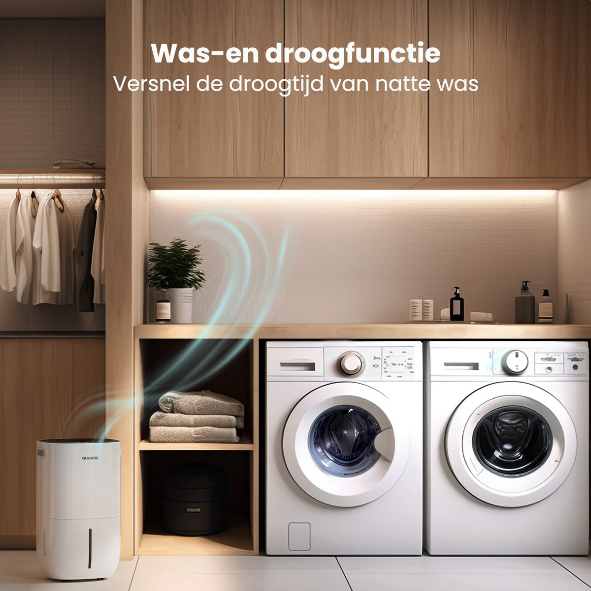 Een wasruimte met een wasmachine, droger en een witte luchtreiniger in de buurt van een stapel handdoeken.