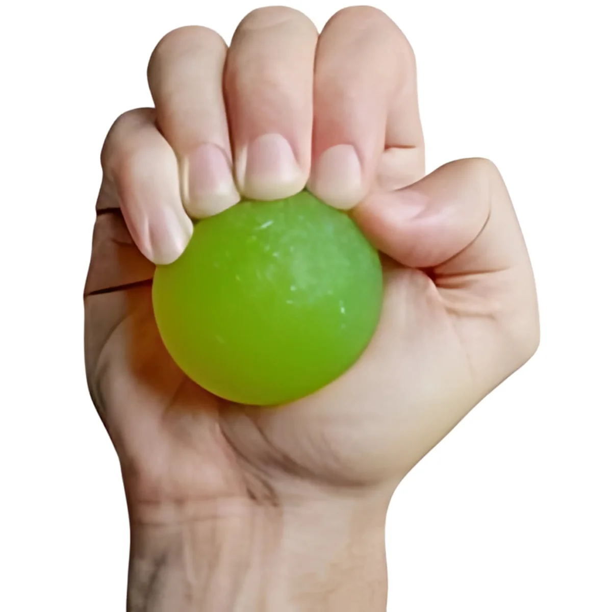 A hand holding a green stress ball. The ball is round and has a textured surface.