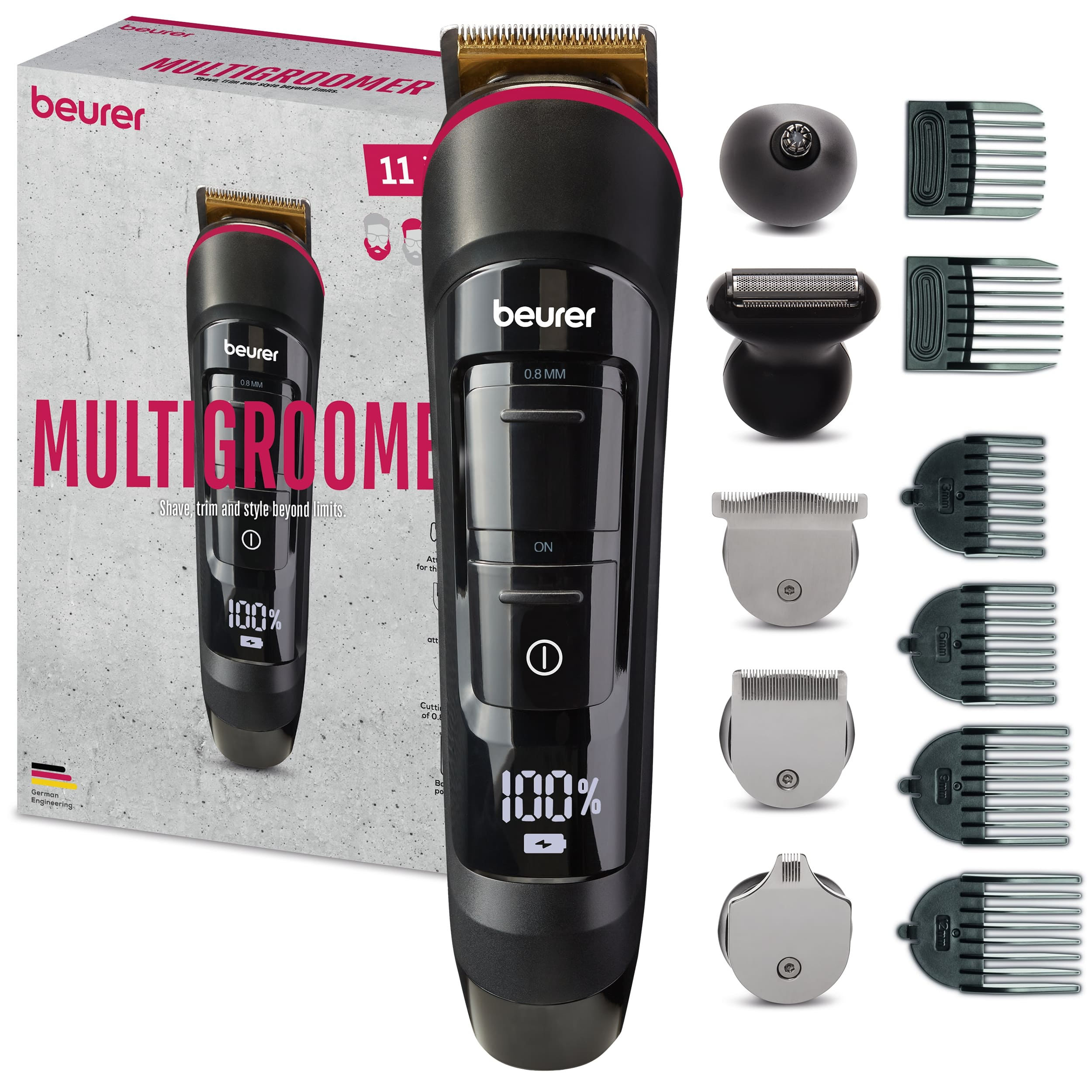 Een zwarte en rode baardtrimmer met opzetstukken. Het product zit in de doos.
