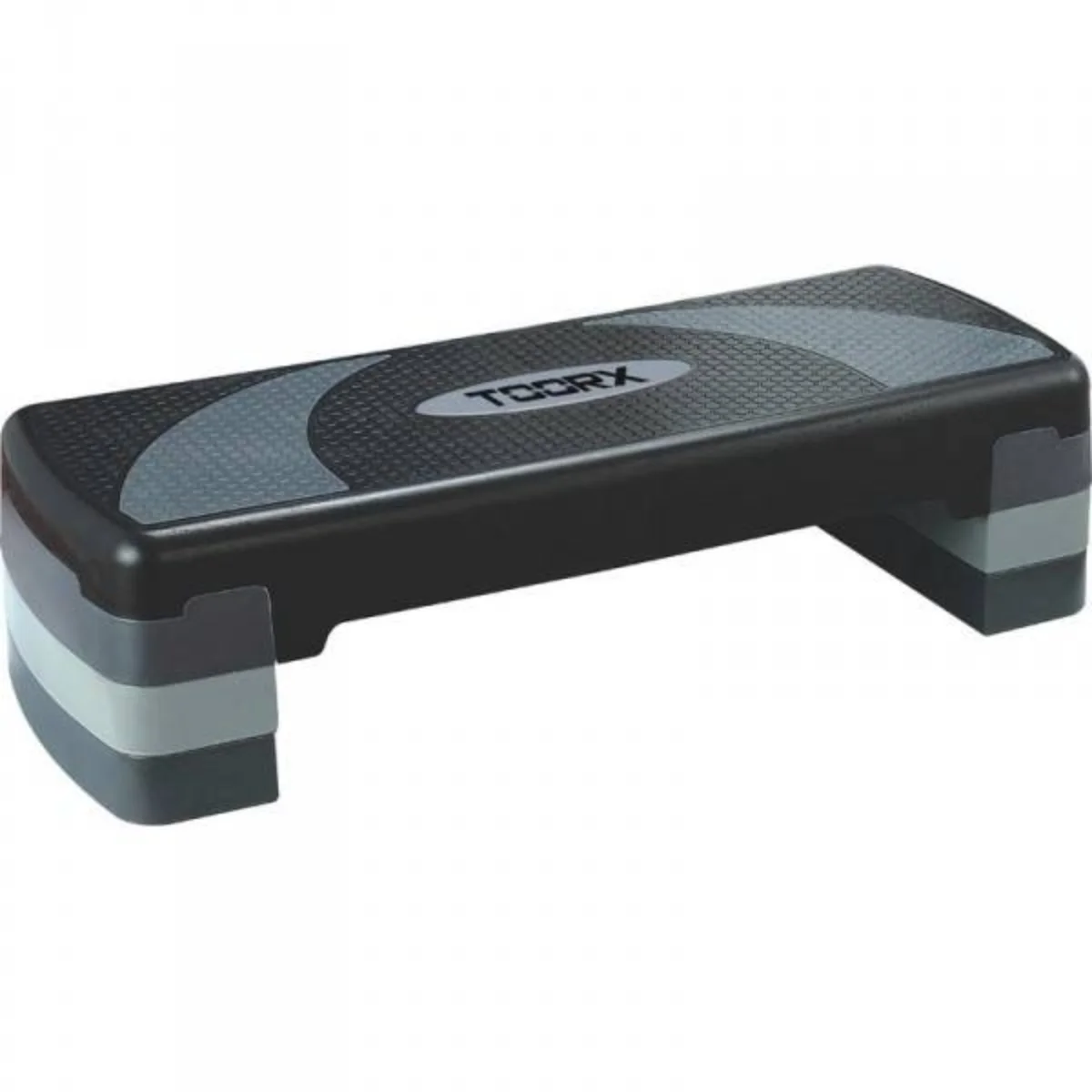 Een zwart en grijs aerobic step platform. Het heeft een textuur met een TOORX logo.