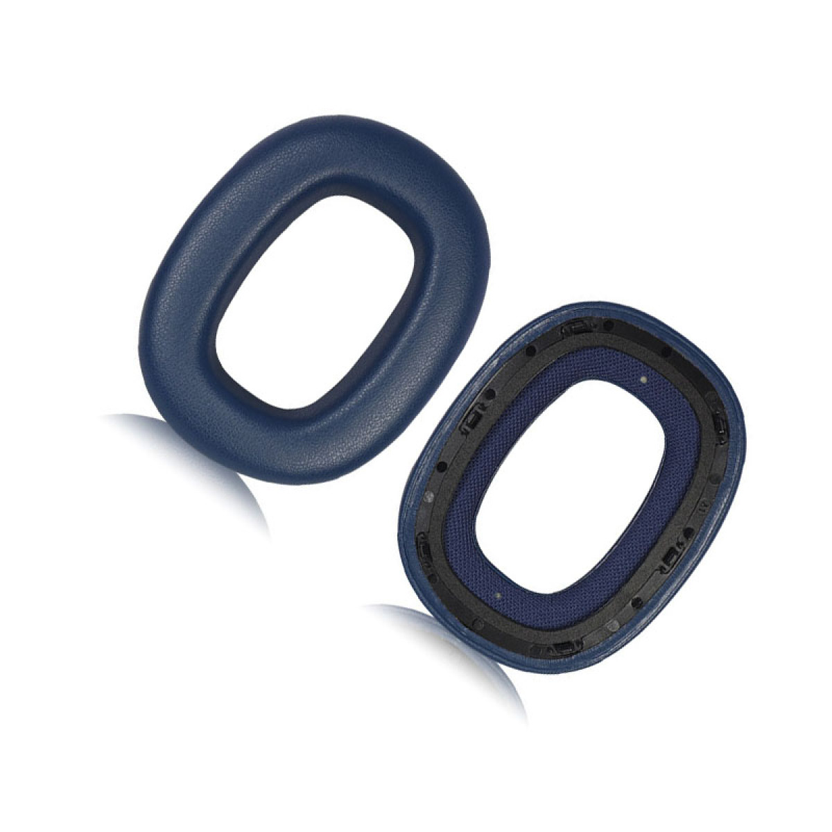 Dwie owalne, niebieskie wkładki do uszu. Jedna jest nienaruszona, druga pokazuje swoją wewnętrzną strukturę.