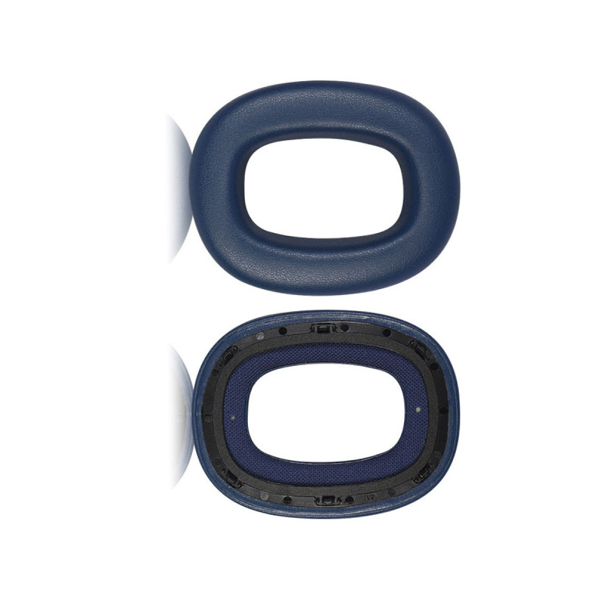 Dwie niebieskie poduszki nauszne do słuchawek, jedna zdemontowana, pokazująca elementy wewnętrzne.