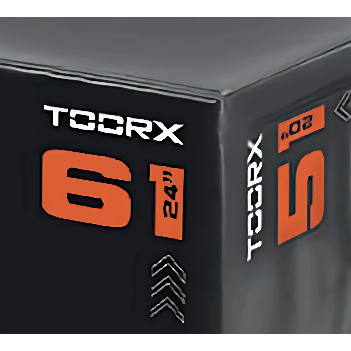 Black box with orange text: TOORX, 61, 24". Corner view.