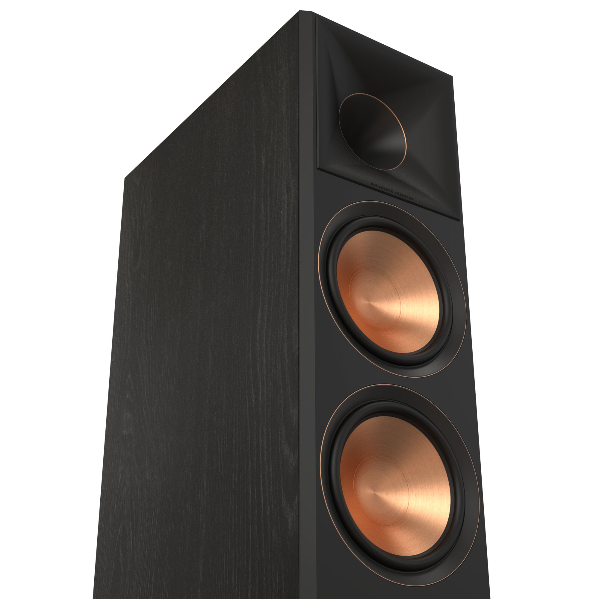 Schwarzer Lautsprecher mit goldenen Lautsprecherkegeln. Holz-Lautsprecher, schwarzer Hintergrund. Text: Klipsch.