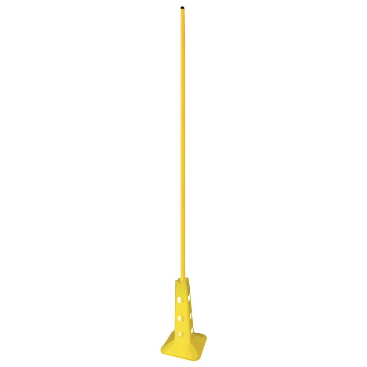 Un poteau vertical, haut et jaune avec une base jaune. La base a des ouvertures et le poteau est centré.