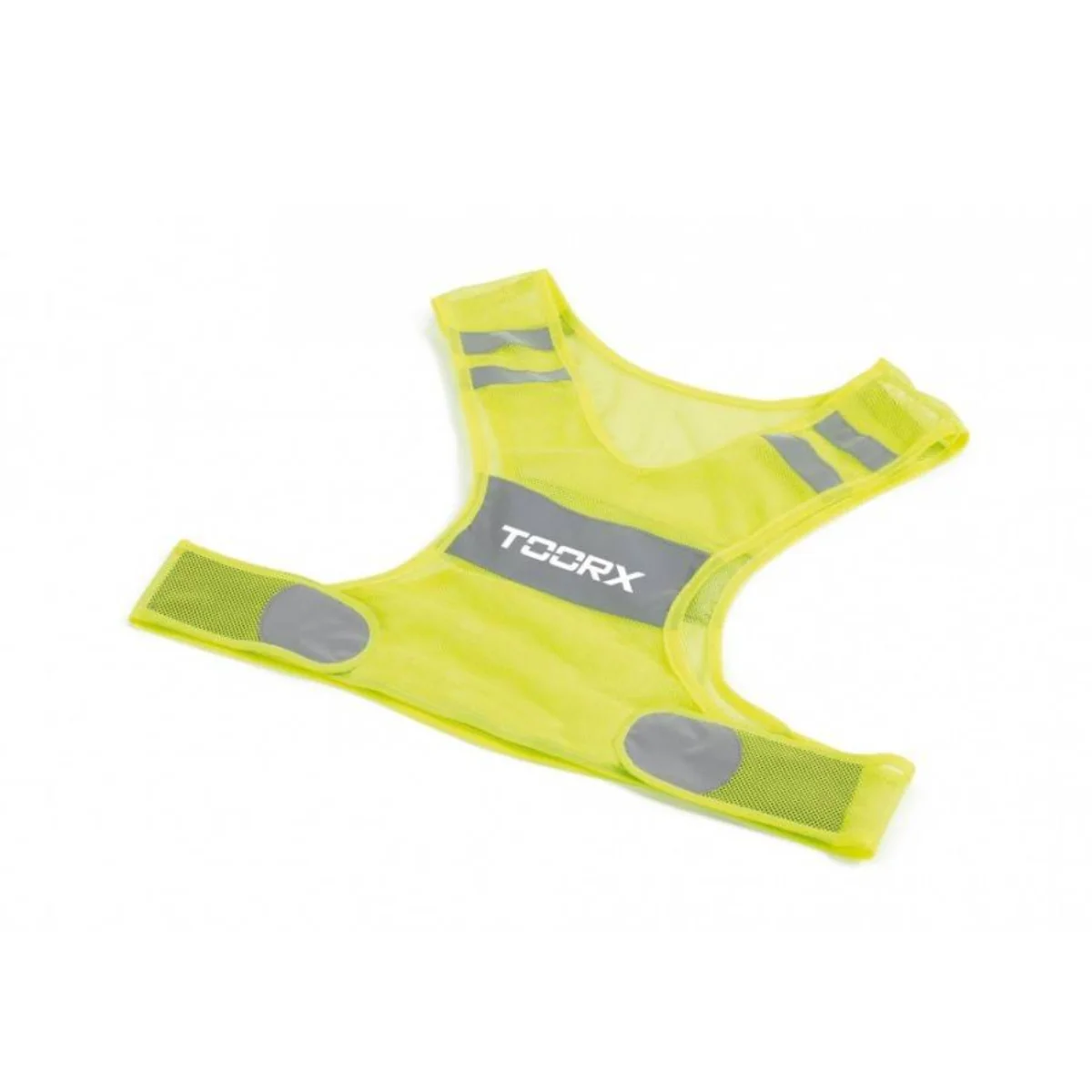 Een gele reflecterende vest met 'TOCRX' erop. Het heeft reflecterende strepen en is ontworpen voor zichtbaarheid.