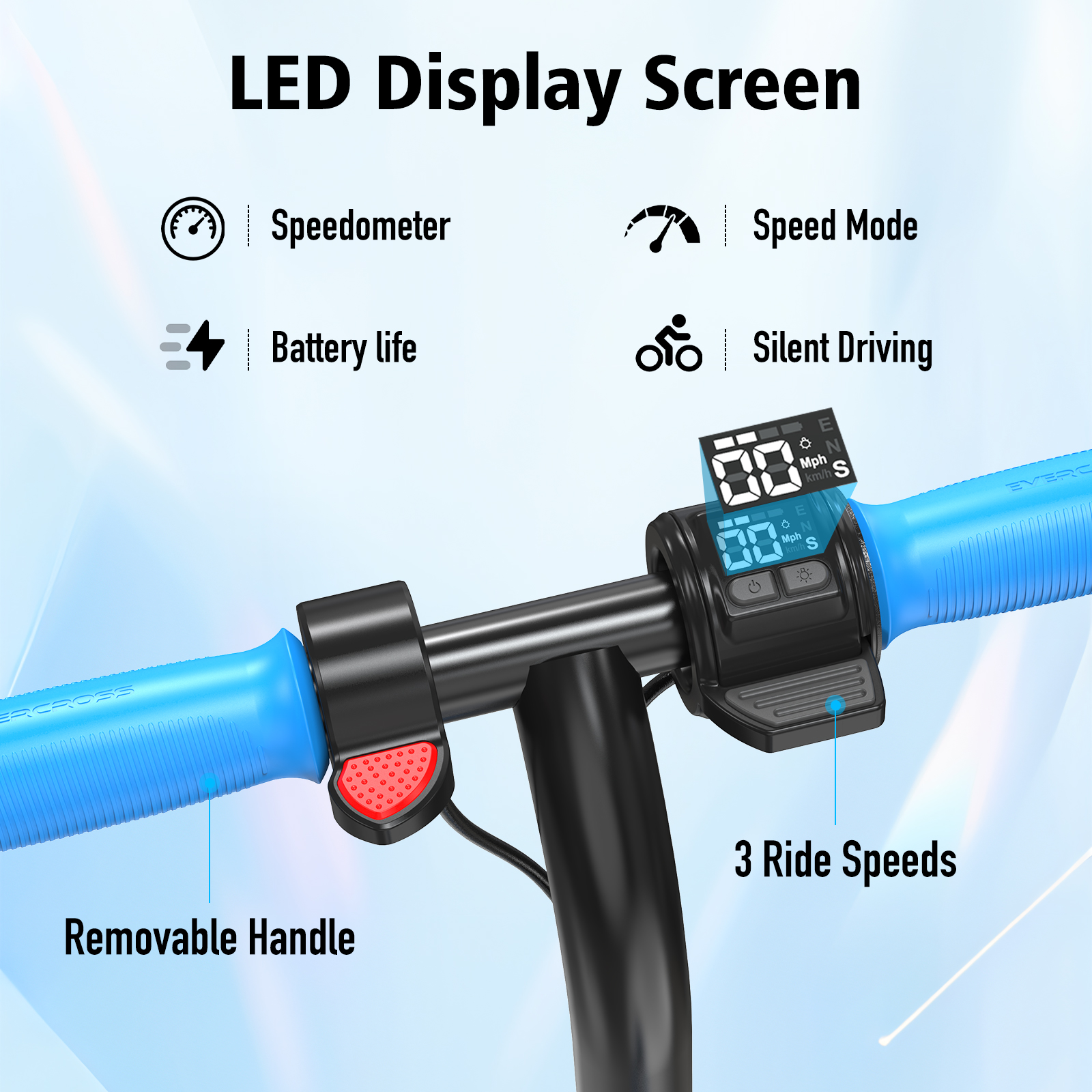 Kierownica hulajnogi elektrycznej z wyświetlaczem, wskaźnikami prędkości i baterii.