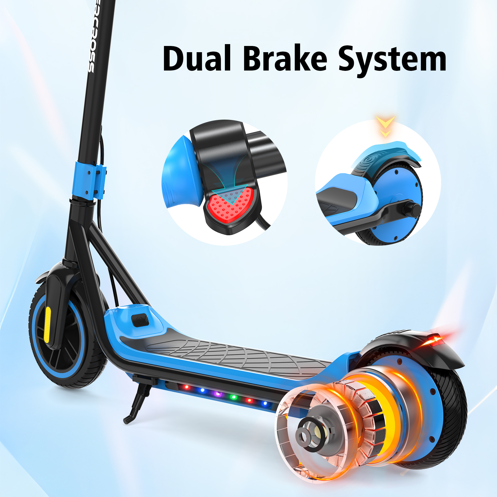 Niebiesko-czarna hulajnoga elektryczna z podwójnym układem hamulcowym i podświetlanymi elementami.