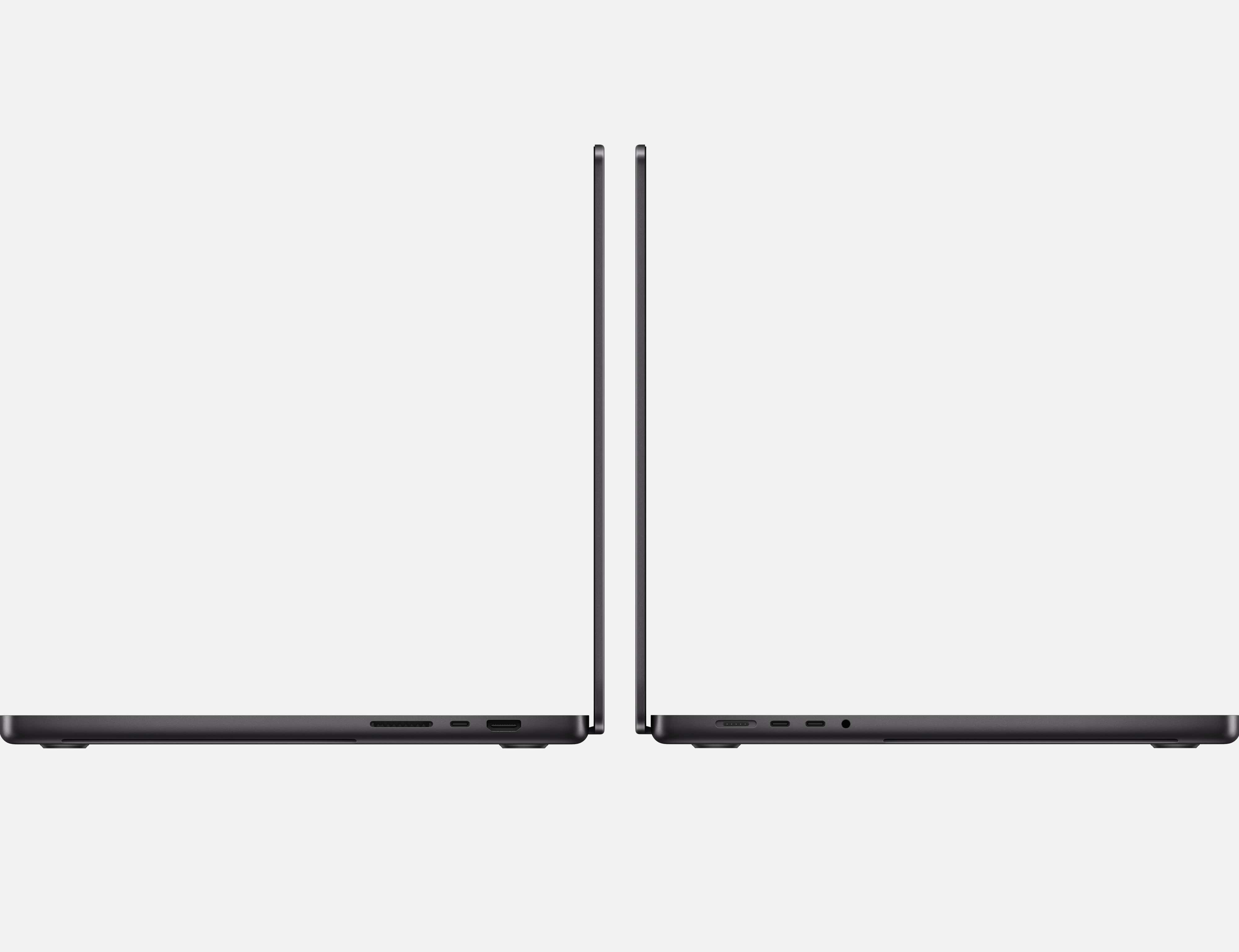 Zwei Seitenansichten eines Laptops, die Anschlüsse und das Design zeigen.