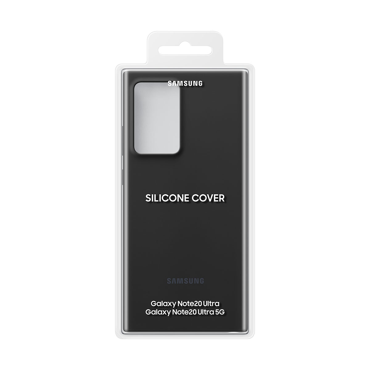 Una custodia per telefono nera in una confezione di plastica. La custodia ha un ritaglio per la fotocamera e il logo Samsung.