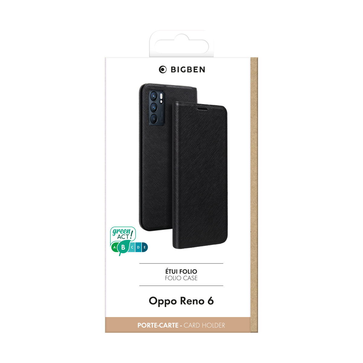 Una custodia per telefono e un telefono. La custodia è nera, con un porta carte. La scatola mostra green act e Oppo Reno 6.