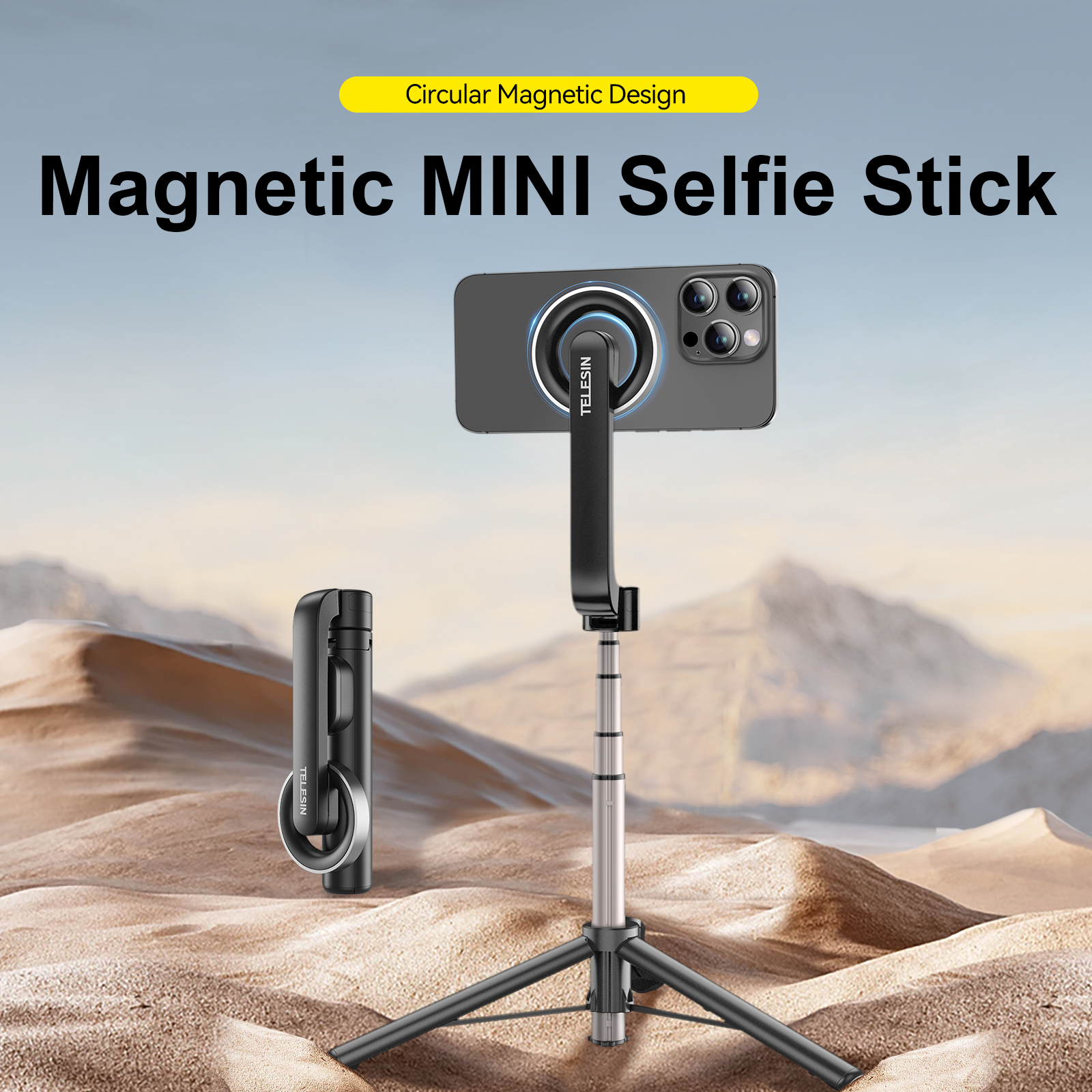 Une mini perche à selfie magnétique avec un téléphone monté sur un trépied, sur fond de paysage désertique.