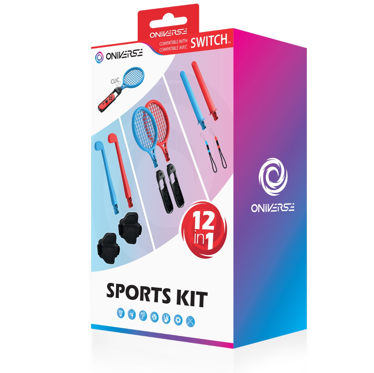 Caja de kit deportivo con varios artículos deportivos: raquetas, controladores y otros accesorios.