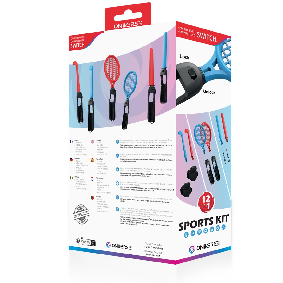 Caja de kit deportivo con raquetas y accesorios. Hay colores azul, rojo y negro.