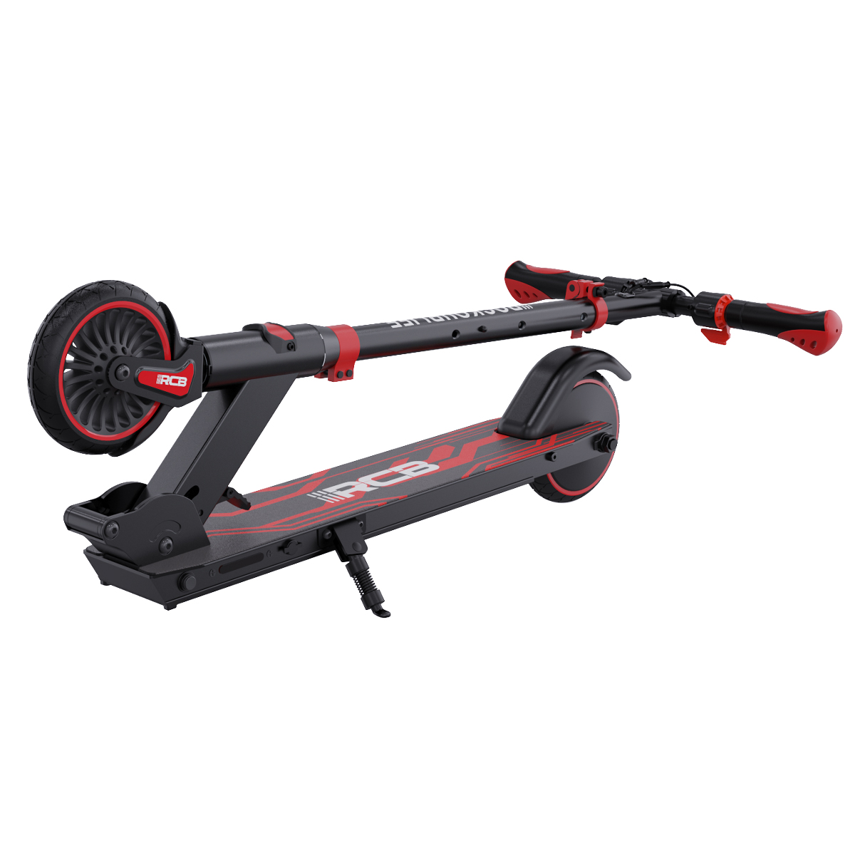 Un patinete eléctrico negro y rojo. Está plegado y de pie, con la rueda delantera y el manillar visibles.