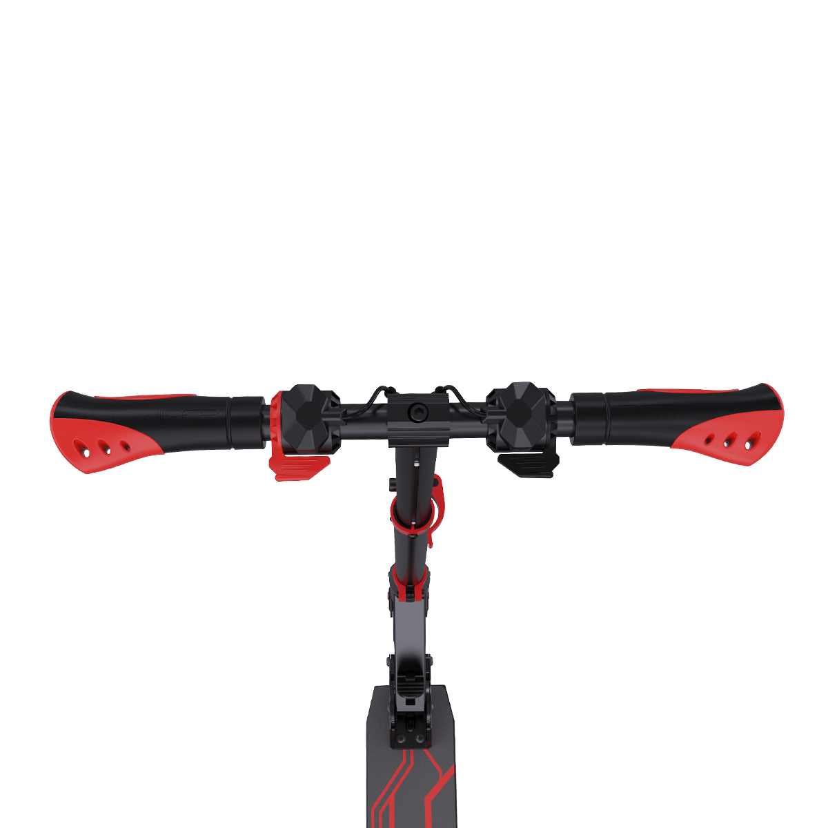 Manillar de patinete con empuñaduras rojas y negras. El mástil y parte de la plataforma son visibles.