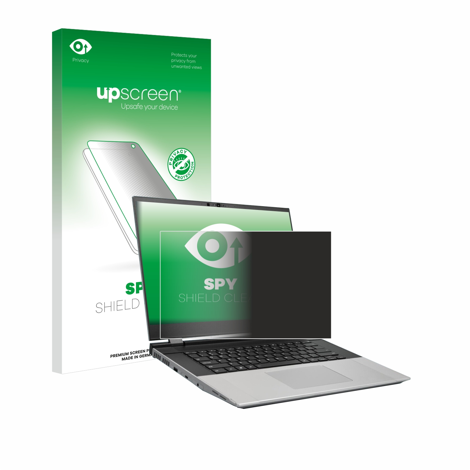 Laptop mit einem Blickschutz und einer Box mit demselben Schutz. Der Bildschirm ist schwarz.
