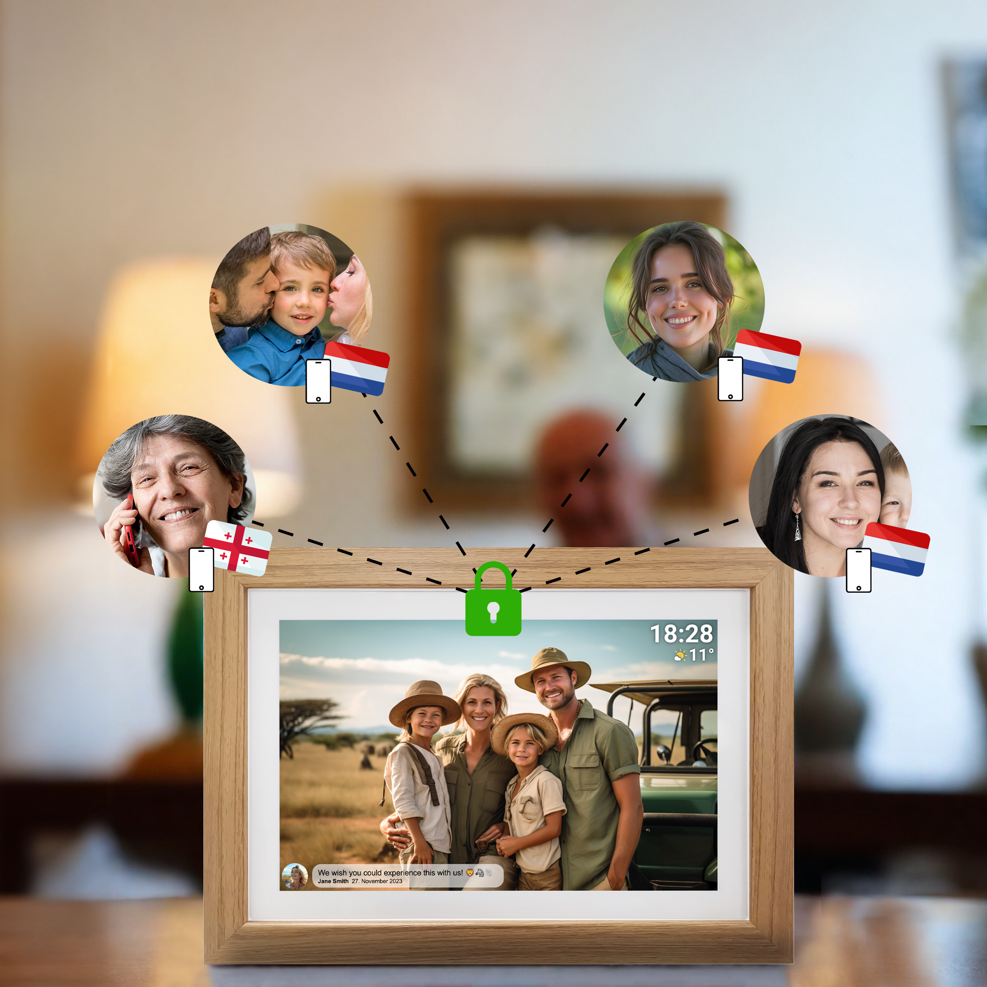 Cyfrowa ramka na zdjęcia ze zdjęciami rodzinnymi, flagami i ikoną kłódki.