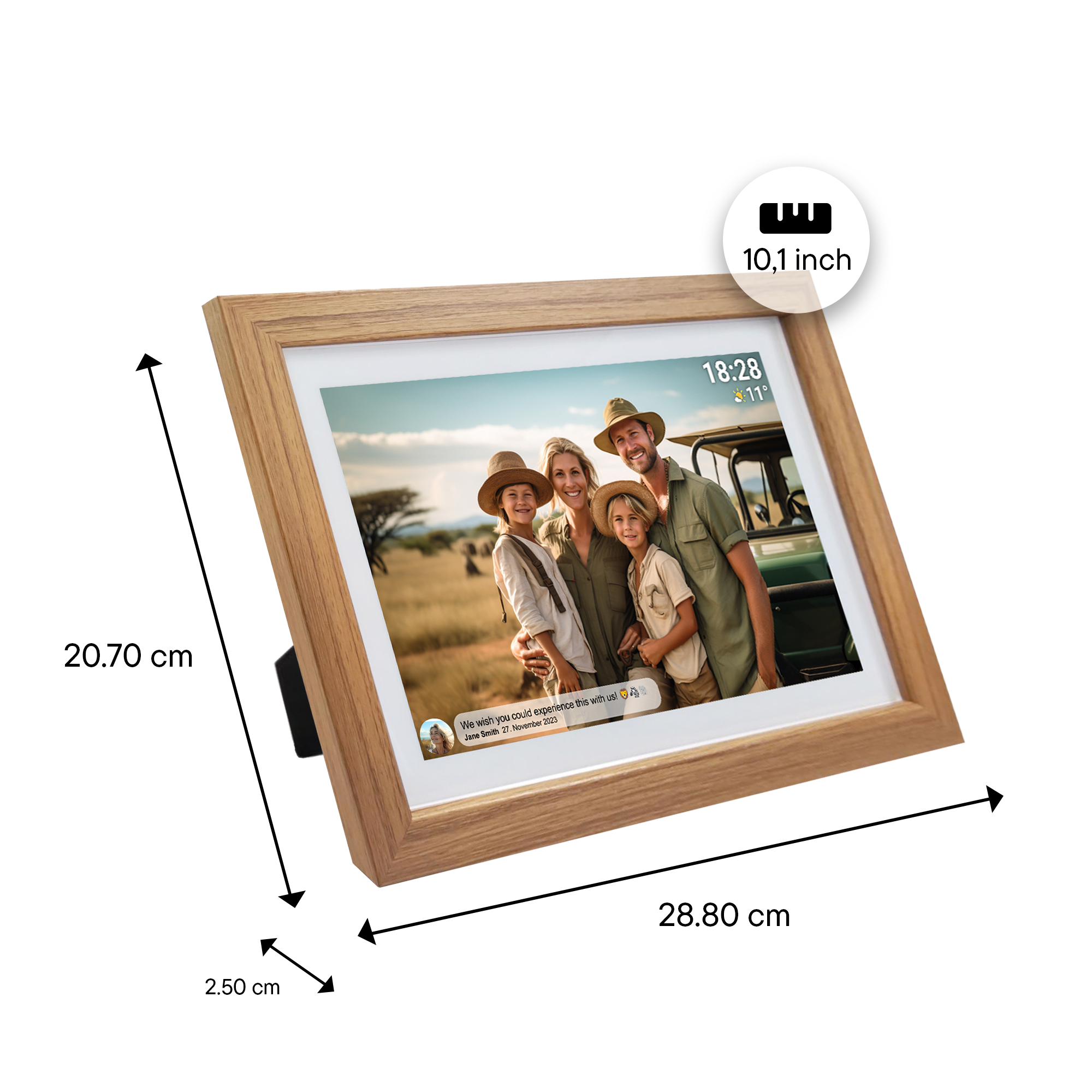 Drewniana ramka na zdjęcia ze zdjęciem rodzinnym, wymiarami i wyświetlanym czasem.