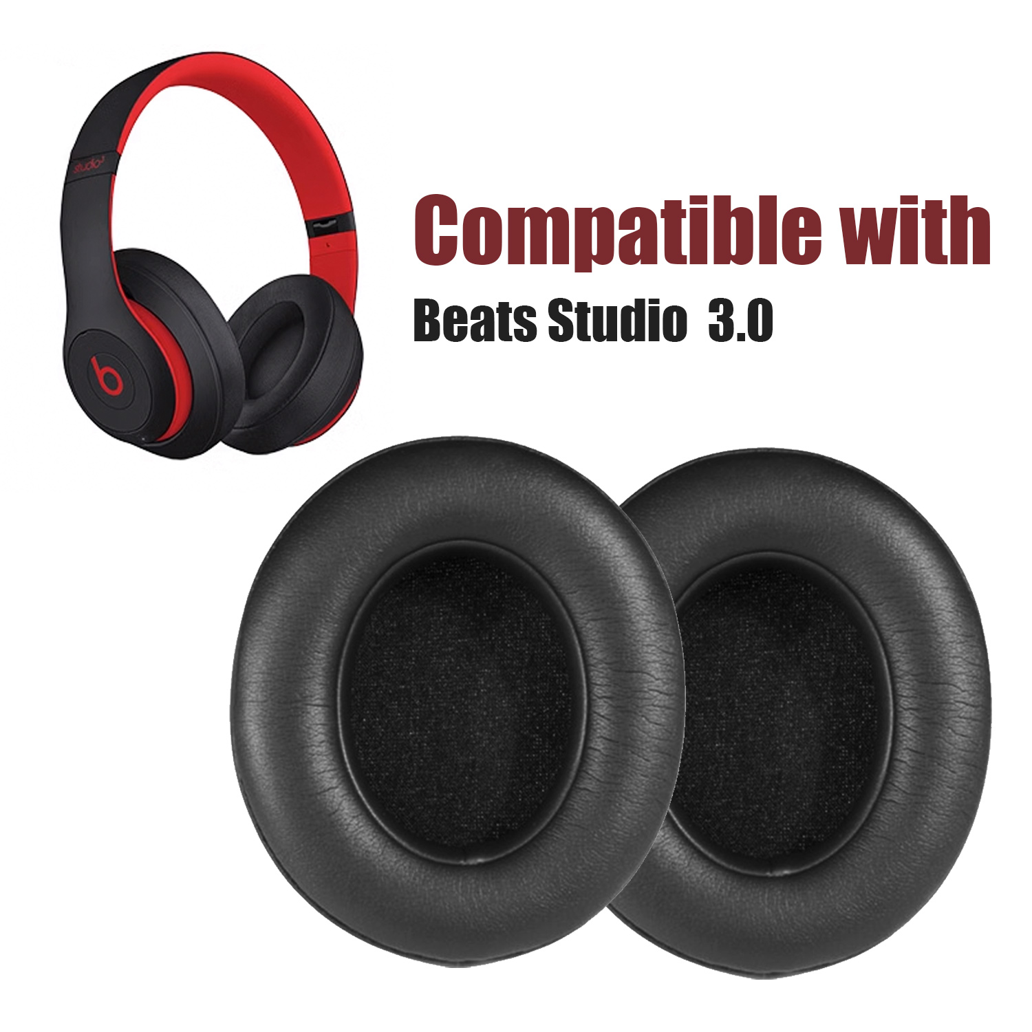 Schwarz-rote Kopfhörer und zwei schwarze Ohrpolster, mit Text 'Kompatibel mit Beats Studio 3.0'.