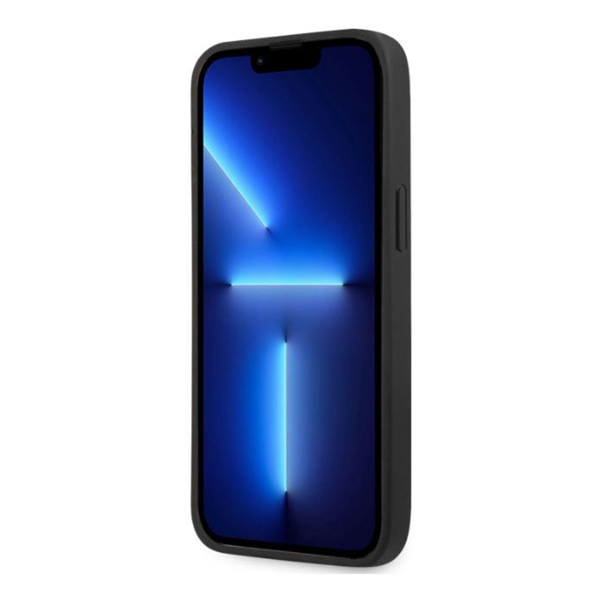Ein schwarzes Telefon mit einem blau leuchtenden Bildschirm. Der Bildschirm zeigt einen blauen Strahl.