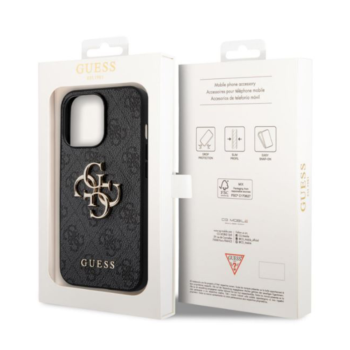 Eine Guess-Handyhülle in einer Box. Die Hülle ist schwarz mit goldenem Guess-Logo.