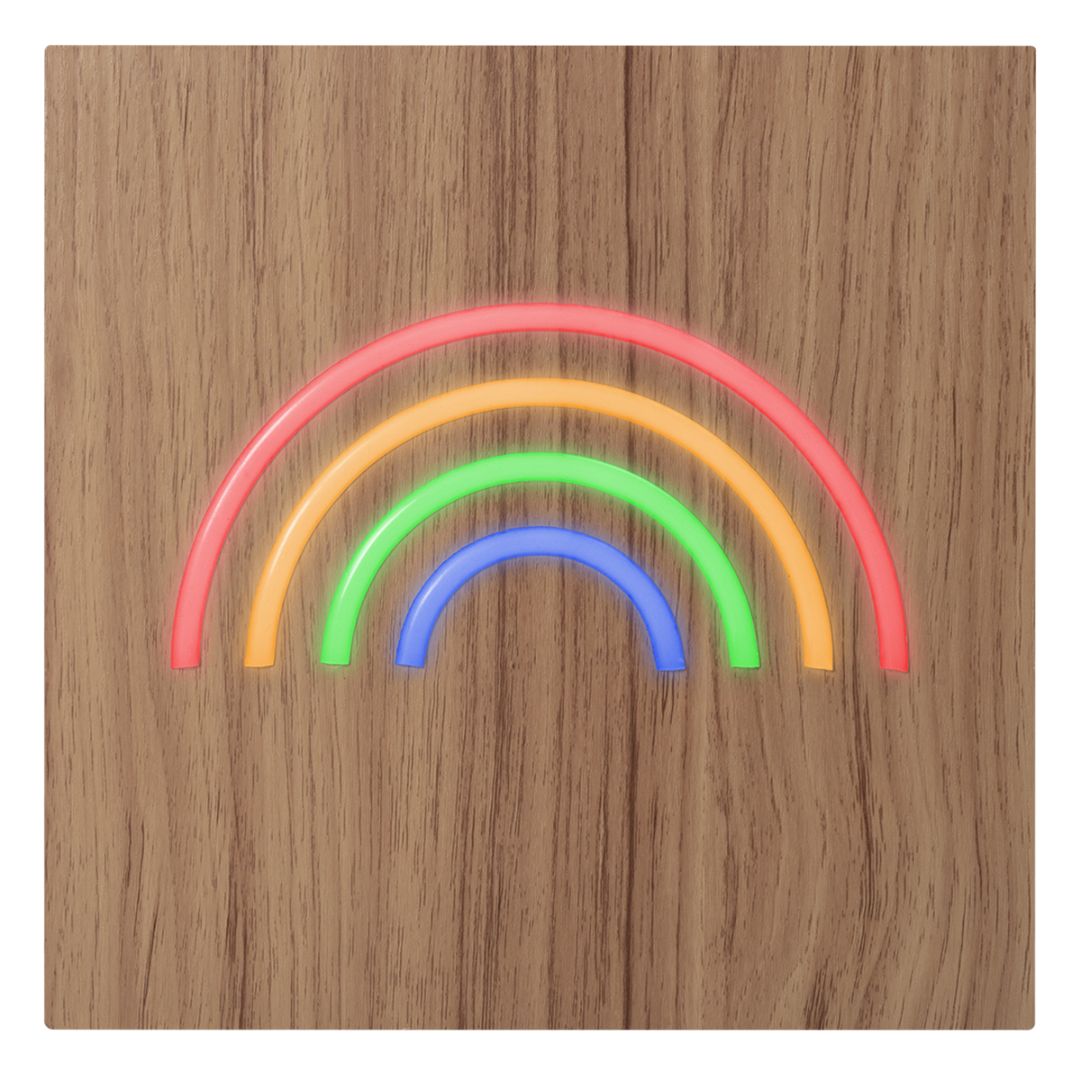 Regenboogvormige neonlichten op een houten achtergrond, waardoor een kleurrijk display ontstaat.