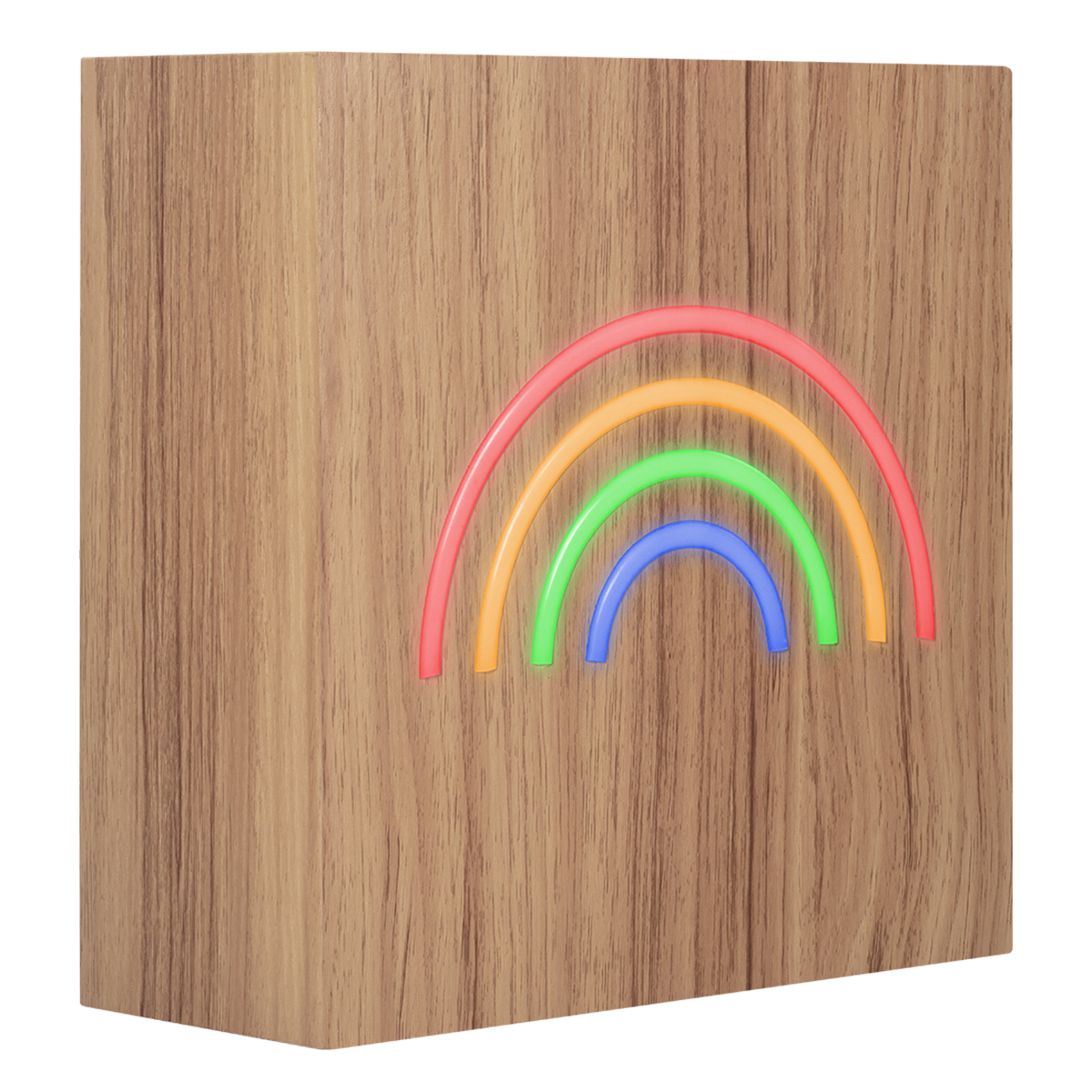Houten blok met een kleurrijk neon regenboogontwerp erop.