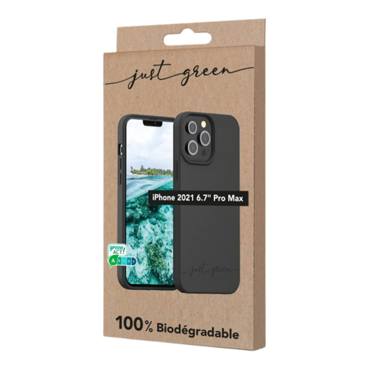 Una scatola per custodia per telefono con una grafica di custodia per telefono. La scatola dice "just green" e "100% Biodegradable".
