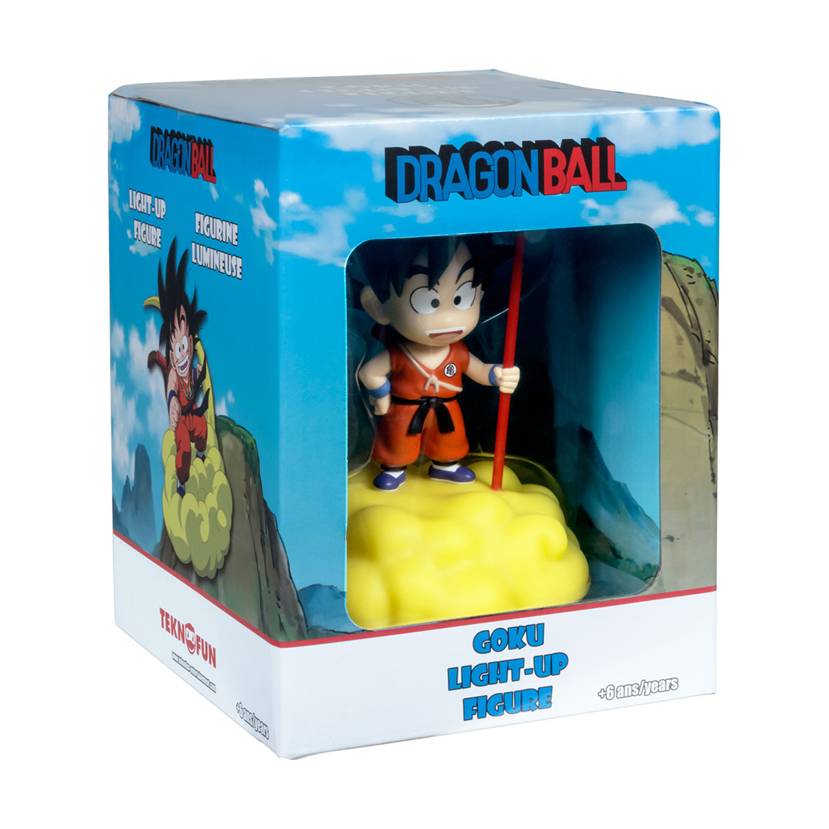 Personaggio di Goku di Dragon Ball Z in una scatola. Goku su una nuvola. Figura luminosa +6 anni.