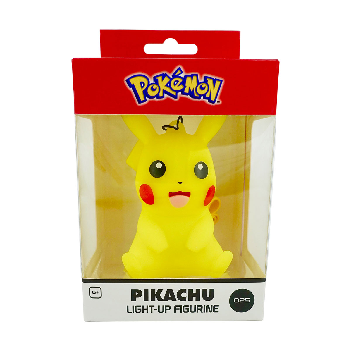 Una figura amarilla de Pikachu dentro de una caja de plástico transparente con detalles rojos.