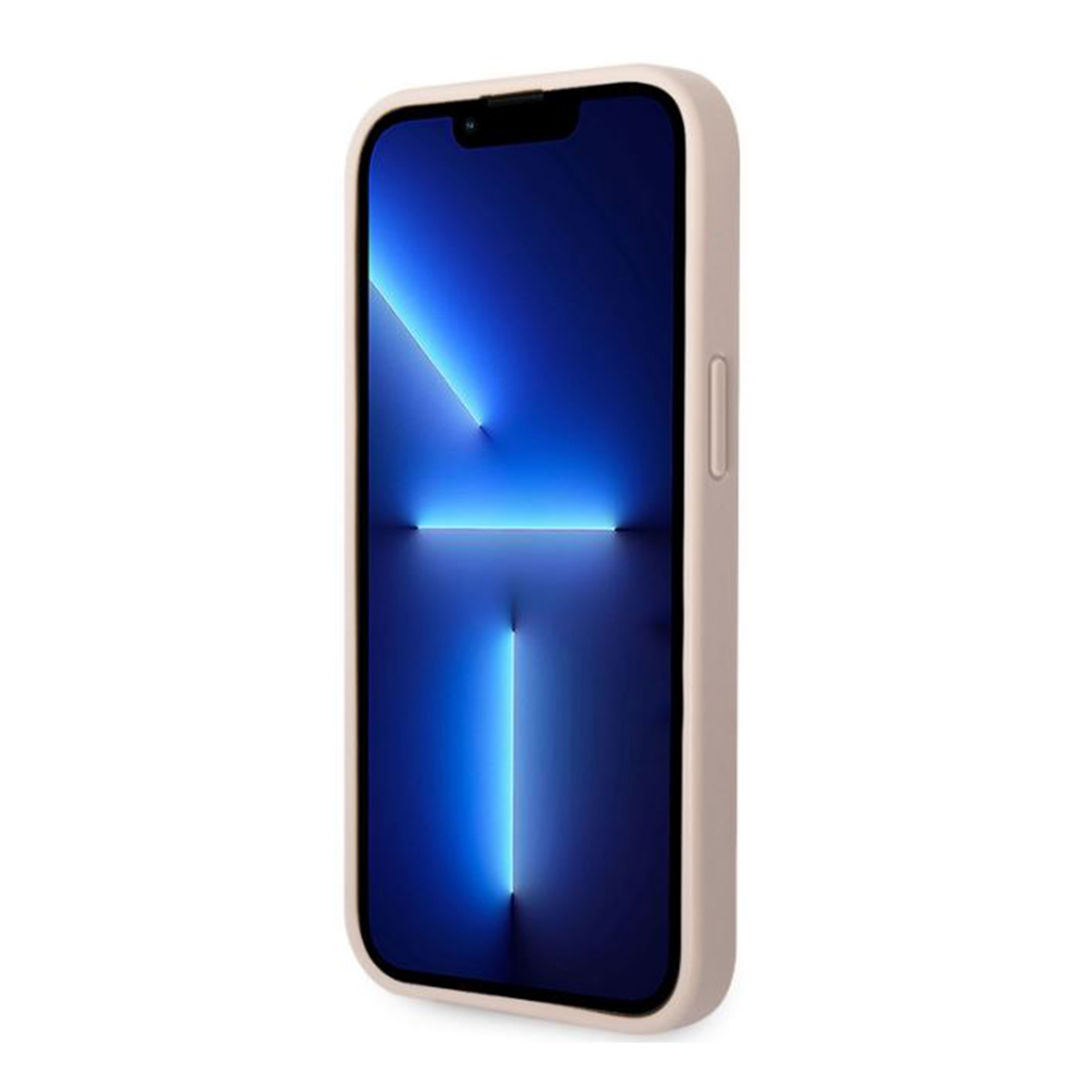 Ein Smartphone mit blauem Bildschirm in einer hellrosa Hülle. Das Telefon befindet sich auf weißem Hintergrund.