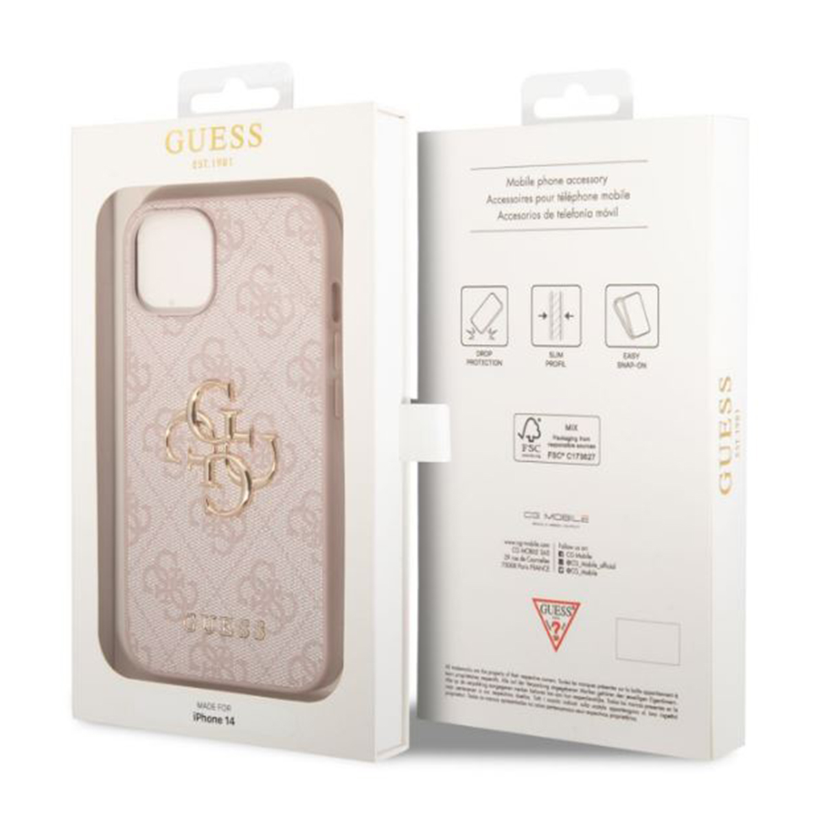 Rosa-goldenes Guess-Handyhülle in einer weißen Box. Das Case hat ein Logo, die Box Text.