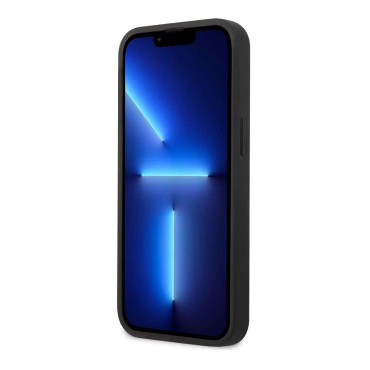 Schwarzes Smartphone in einer schwarzen Hülle. Blauer Bildschirm mit Linien. Auf weißem Hintergrund.