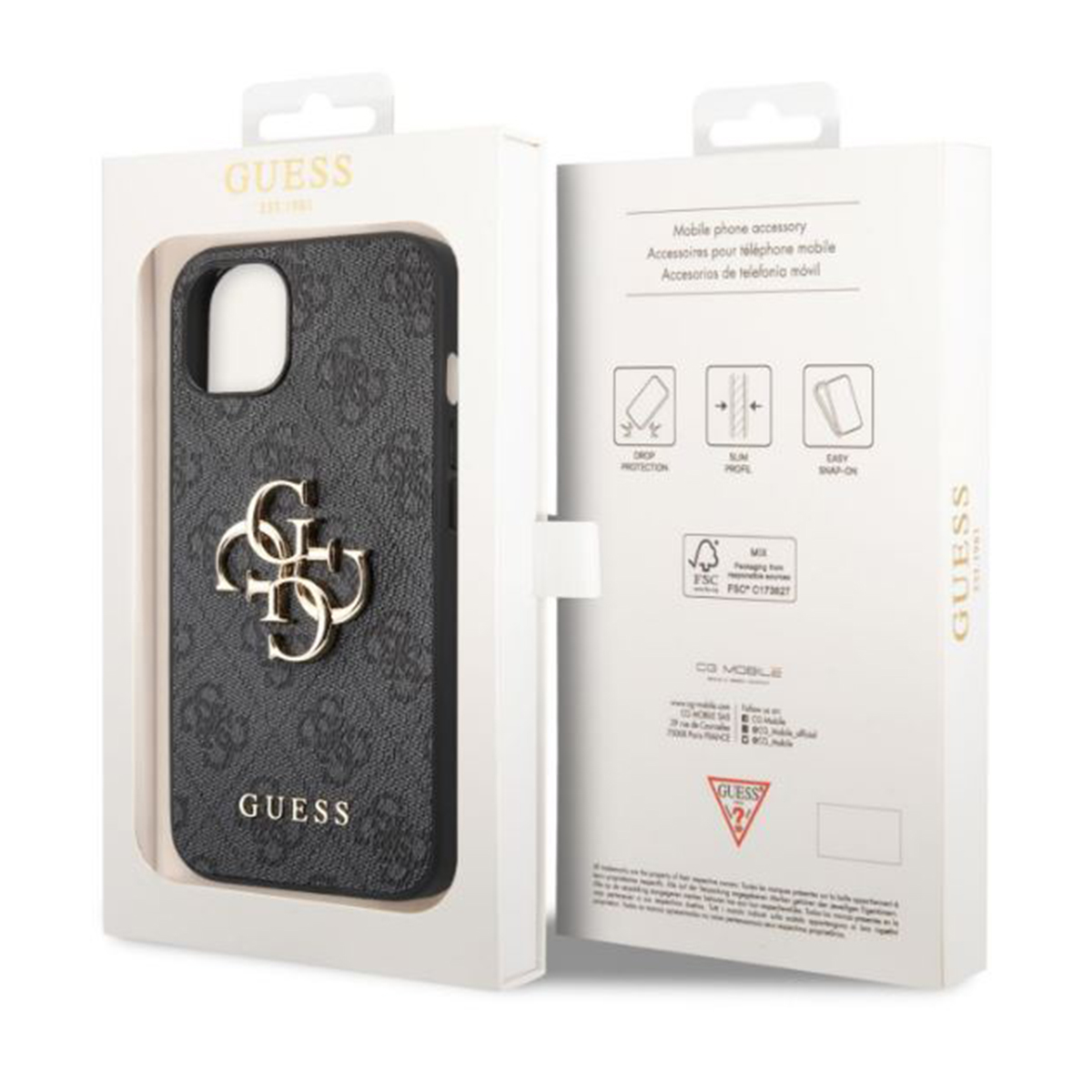 Eine Guess-Handyhülle in einer Box. Sie ist dunkel und hat ein goldenes Guess-Logo.